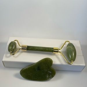 Set of real jade roller, gua sha, and face mask brush